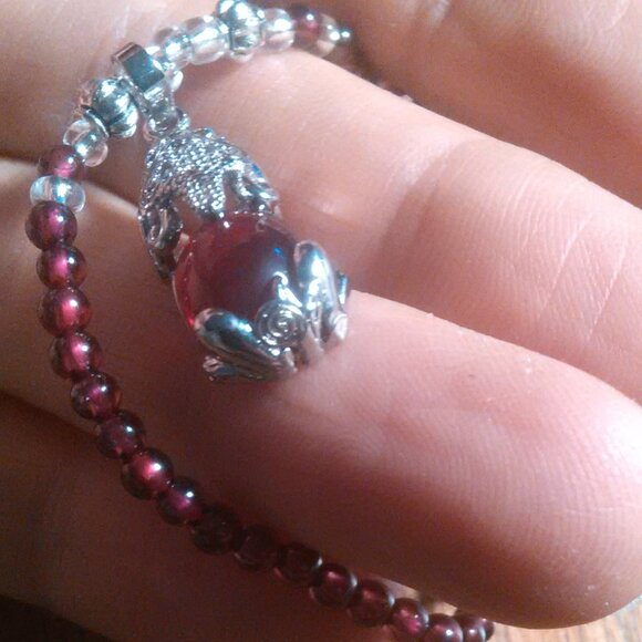 Simulated Ruby and Genuine Mozambique Garnet Silvertone Dragon Pendant Necklace - Picture 12 of 13